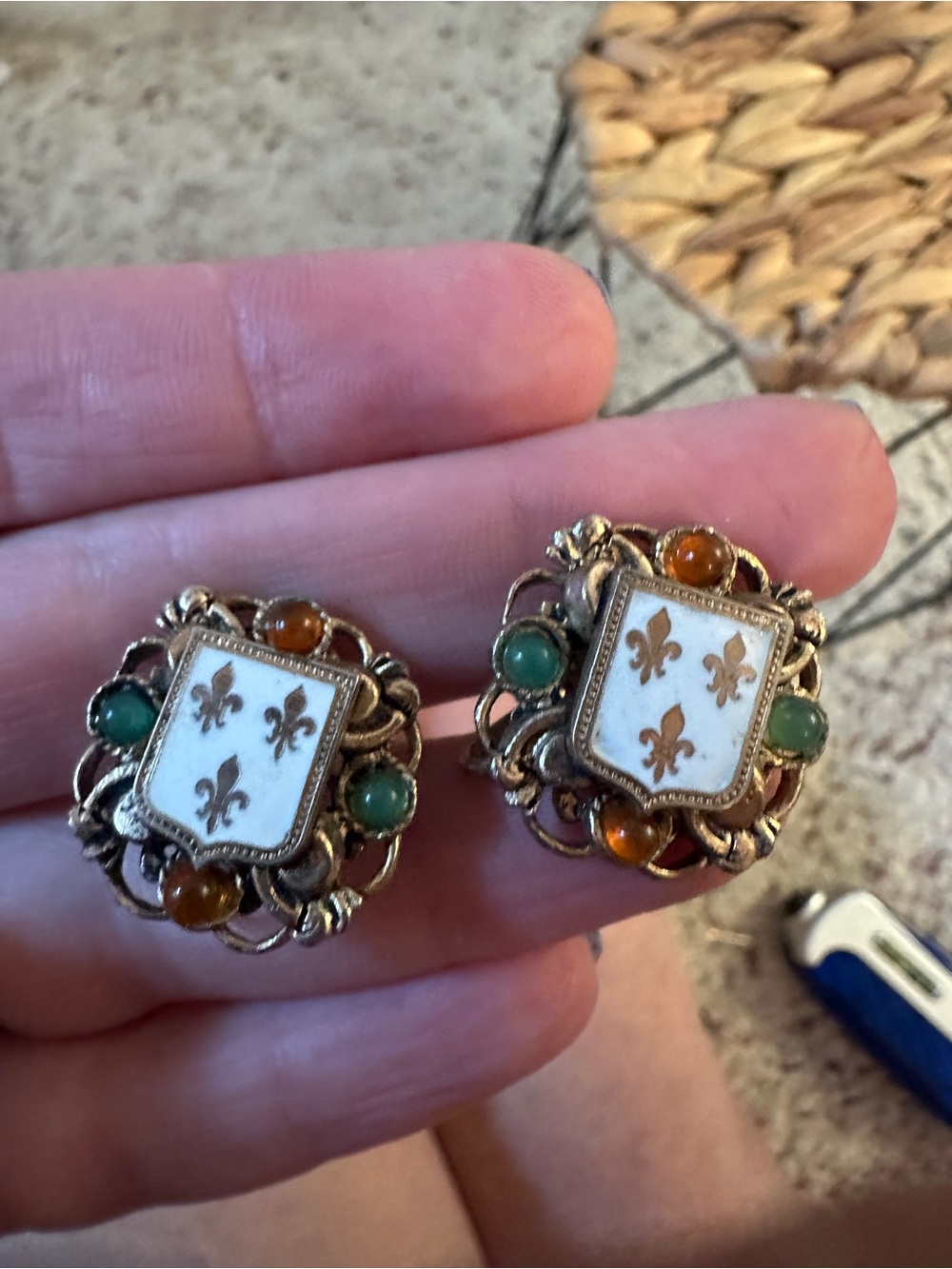 Vintage Fleur-de-Lis Enamel Shield Earrings